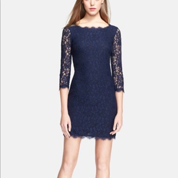 Diane Von Furstenberg Zarita Navy Blue Lace Dress Size 4 - Picture 2 of 8